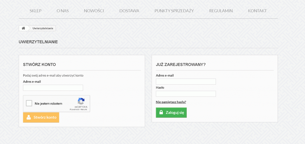 Screen z formularza rejestracji prestashop z zainstalowaną captcha