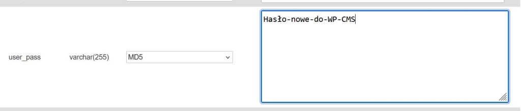 Przykładowy proces nadawania nowego hasła do CMS WordPress przy użyciu phpmyadmin