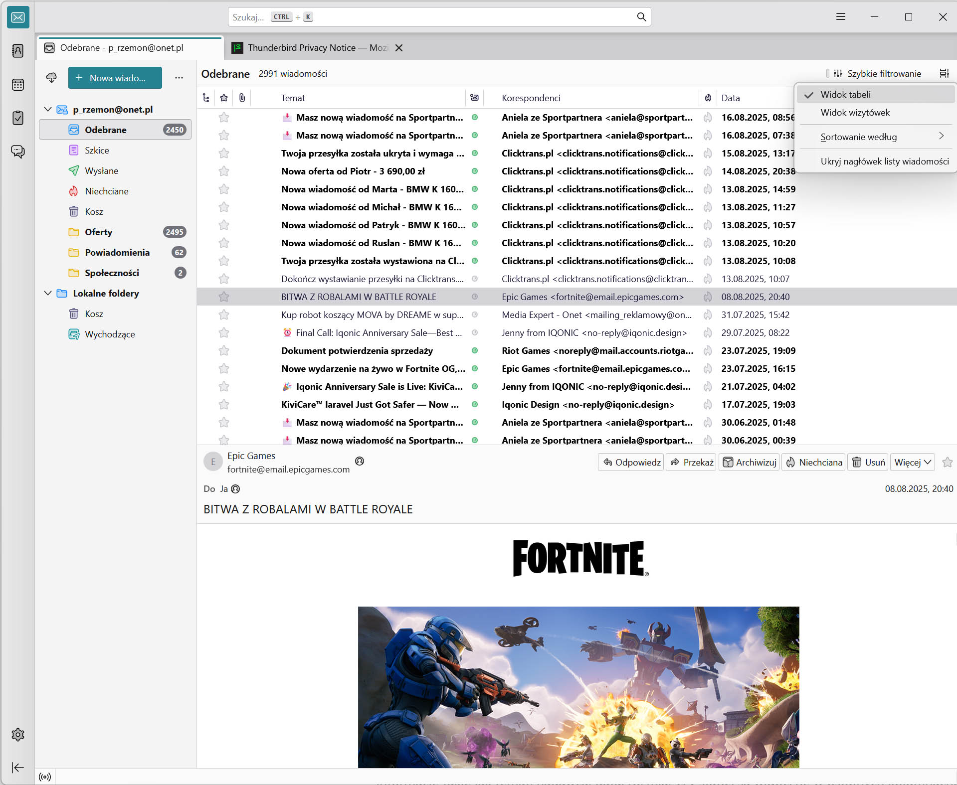 Widok wiadomości Thunderbird